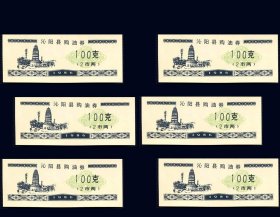 河南沁阳县1986年《食用油票--100克》六枚合计价：品种相同（29-30）。