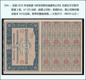 法国1925年3月份老股票：《多菲尼斯机械建筑公司股票》总股本10亿法郎。（354）