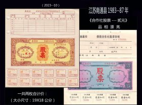 江苏南通市1983--87年《合作社股票---贰元》共两枚价：（2023-10）