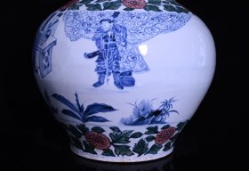 青花五彩关公刮骨疗伤人物故事纹盖罐，高40×33厘米