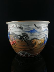 釉中彩八骏图纹饰缸，高25cm，口径32cm