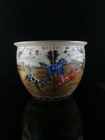 釉中彩八骏图纹饰缸，高25cm，口径32cm