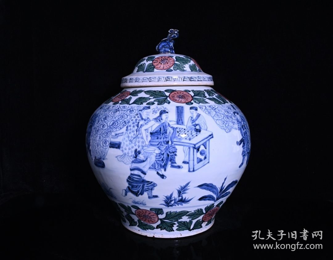 青花五彩关公刮骨疗伤人物故事纹盖罐，高40×33厘米