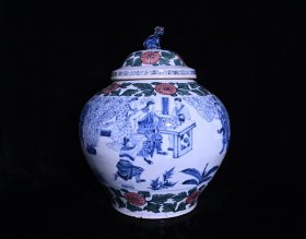 青花五彩关公刮骨疗伤人物故事纹盖罐，高40×33厘米