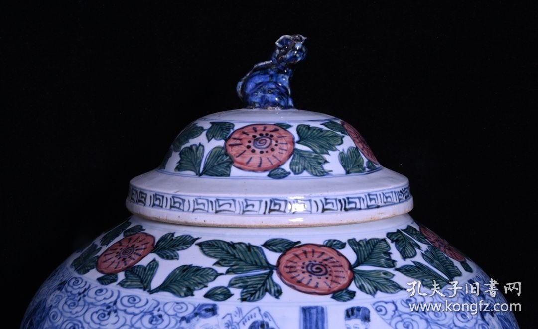 青花五彩关公刮骨疗伤人物故事纹盖罐，高40×33厘米