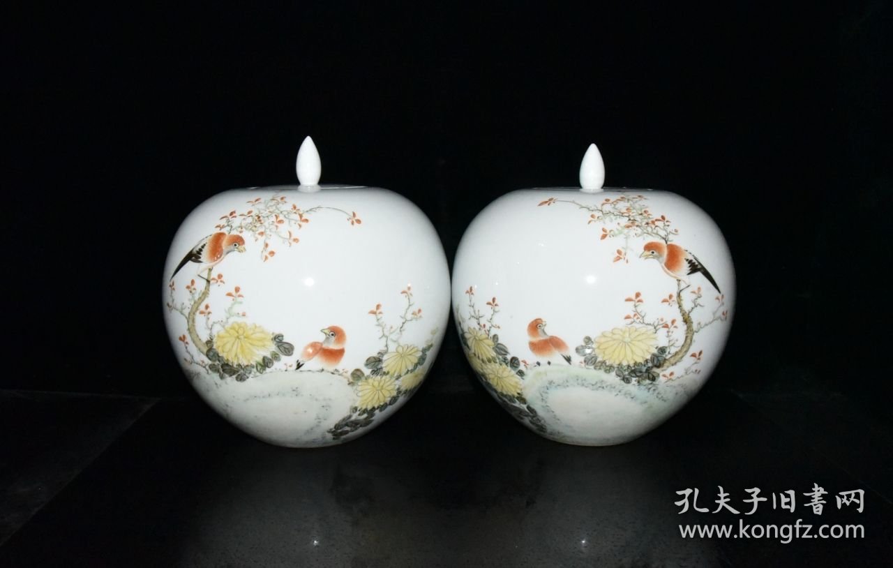 浅绛彩花鸟纹西瓜罐一对【26×24cm】