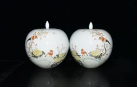 浅绛彩花鸟纹西瓜罐一对【26×24cm】