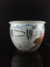 釉中彩八骏图纹饰缸，高25cm，口径32cm