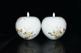 浅绛彩花鸟纹西瓜罐一对【26×24cm】