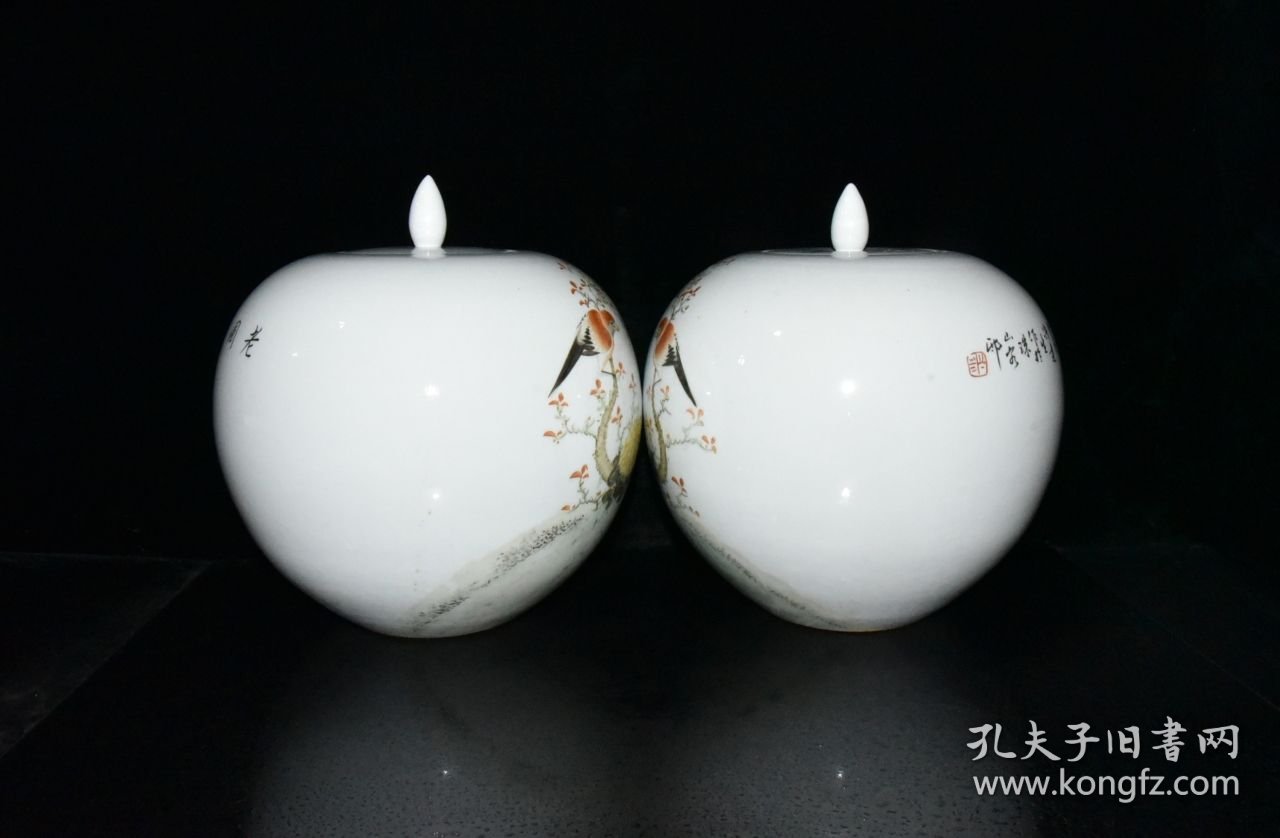 浅绛彩花鸟纹西瓜罐一对【26×24cm】