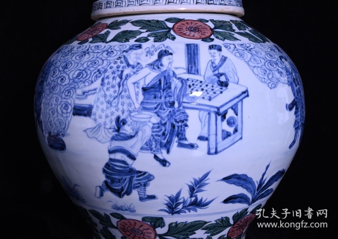 青花五彩关公刮骨疗伤人物故事纹盖罐，高40×33厘米