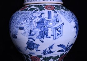 青花五彩关公刮骨疗伤人物故事纹盖罐，高40×33厘米