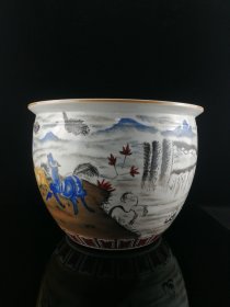 釉中彩八骏图纹饰缸，高25cm，口径32cm