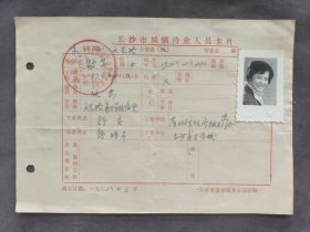 1988年长沙市城镇待业人员卡片，证主舒弈系湖南长沙人，后考入湖南财经学院——LJ2635