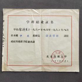 1962年北京电视大学结业证书，学生徐祥生——E689