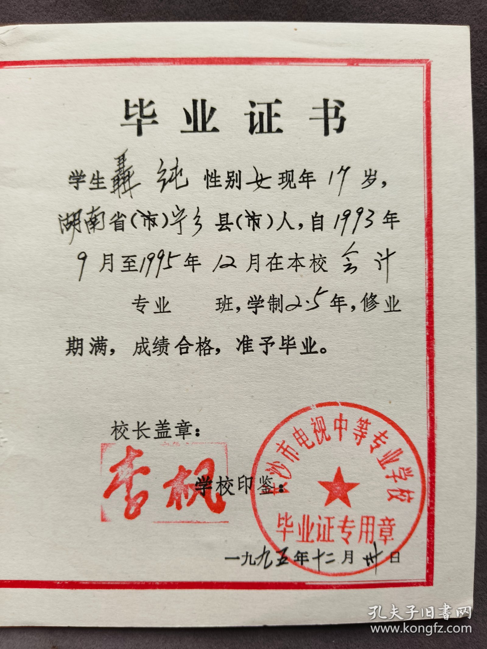 1995年长沙市电视中等专业学校毕业证，学生聂纯系湖南省宁乡县人，校长李枫签发——LJ368