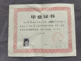 1988年长沙市第十一中学毕业证书，证主舒弈系湖南长沙人，后考入湖南财经学院——LJ2633