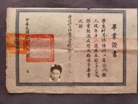 中华民国三十八年（即1949年）香港私立培道小学毕业证书，学生何凤瑶系浙江省余姚县人，香港私立培道小学校长李清照签发——LJ2531