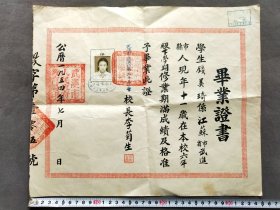 老证书，1954年武汉市立汉口第二十三小学毕业证书，校长李菊生亲笔签名钤印，证主钱美琦系江苏省武进县人，有武汉第四女中验讫章——LJ105