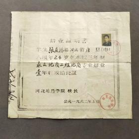 1962年河北地质学院肄业证书，证主张庆鸿系河北省唐县人——E1465