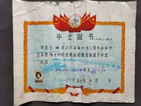 老证书，1958年镇江市第二初级中学毕业证书，学生丁琳系江苏省扬州市人——LJ124