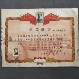 1957年江苏省丹阳中学毕业证书，校长冯励青陈立凡亲笔签发——E1717