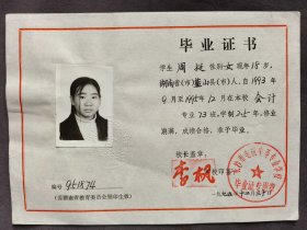 1995年长沙市电视中等专业学校毕业证，学生周挺系湖南省蓝山县人，校长李枫签发——LJ358