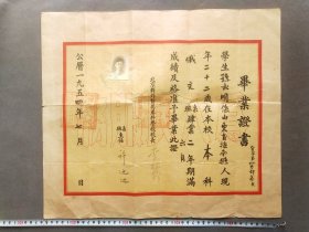 老证书，1954年北京对外贸易专科学校毕业证书，今对外经济贸易大学的前身，学生孙永明系山东省掖南县人，后成为著名俄文翻译家，登记照上盖有中央对外贸易部北京对外贸易专科学校印鉴，十分稀见——LJ120