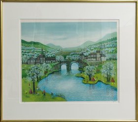 法国当代艺术家 伊莎贝尔•贝伦Isabel Baillen（1958-）《眼镜桥之春》（版画）55.5*46cm 框画