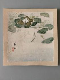 日本回流 日本画家 吴城 《菱角花与小鱼》 （手绘）纸本托片