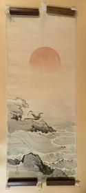日本回流  《海浪与海鸟》（手绘） 绢本软片