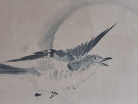 日本回流 日本著名画家 渡边华山《月下飞鸟图》（手绘）（茶挂）纸本立轴 122