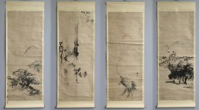 日本回流 日本著名画家 谷文晁《写意山水花鸟画四条屏》（手绘）纸本立轴 （共4幅）（编号113-116）
