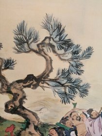 日本回流 日本著名画家 富冈铁斋《群仙祝寿图》（限量印刷品）（带原盒）绢本立轴1
