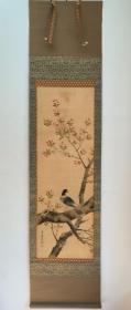 日本回流 日本著名画家   立原任（立原杏所）《樱花山鸠》（手绘）绢本立轴 ，带极箱，双套盒1