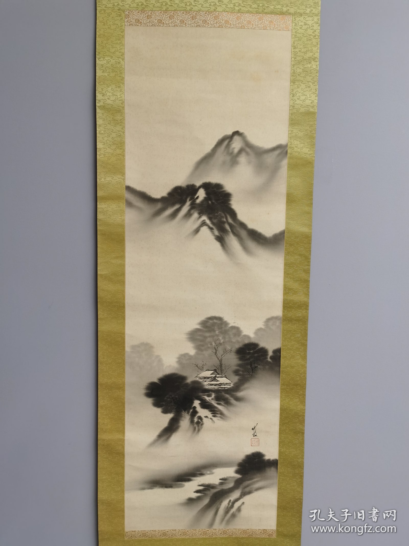 日本回流 日本画家 尾竹竹坡（1878-1936）《水墨山水图》（手绘）绢本立轴-1