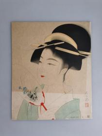 日本回流 日本著名画家 中村大三郎 浮世绘人物图《凉风》 （印刷品）卡纸画