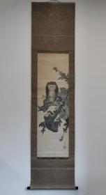 日本回流 日本著名画家 平林周斋《水墨猴子》（手绘）纸本立轴（088）