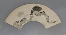 日本回流  日本著名画家 川端龙子《河童》（扇面）（印刷）纸本托片2