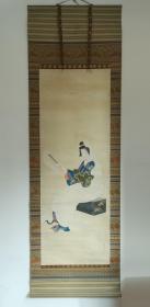 日本回流 日本浮世绘名家 水野秀芳（女画家）（水野年方门人） 《游戏禅》（手绘）（带原盒）绢本立轴