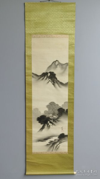 日本回流 日本画家 尾竹竹坡（1878-1936）《水墨山水图》（手绘）绢本立轴-1