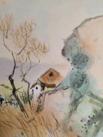 日本回流  日本著名画家  堂本印象《村庄》（印刷）纸本卡纸画