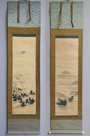 日本回流 日本著名画家 住吉广行（1754-1811）《山水图（双幅）》 （手绘） 绢本立轴1