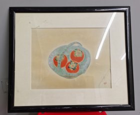 日本回流 日本著名画家 安田靫彦（1884-1978）《柿子图》（印刷）框画