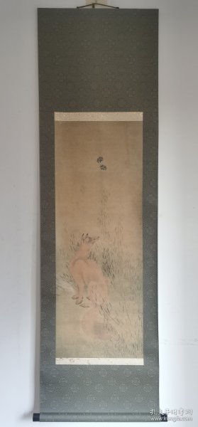 日本回流   日本著名画家 葛饰北斋《狐狸与蝙蝠》（印刷）纸本立轴 025