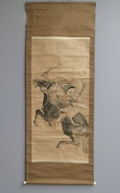 日本回流 日本南画名家 赤松云岭（姫岛竹外弟子）（1892-1958）《写意人物画，将军骑马图》(手绘） 纸本立轴