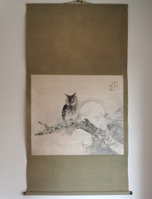 日本回流 日本画家 菱畝 《樱花猫头鹰》（手绘） 纸本立轴