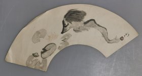 日本回流  日本著名画家 川端龙子《河童》（扇面）（印刷）纸本托片