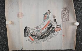 日本回流   日本著名画家 伊势门水《宝船》 （版画）  纸本托片