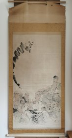 日本回流   日本著名画家 长町竹石《释迦与十六罗汉图》（手绘）纸本立轴（002）